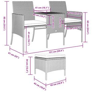 Divanetto da Giardino a 2 Posti con Tavolino e Pouf in Polyrattan Grigio