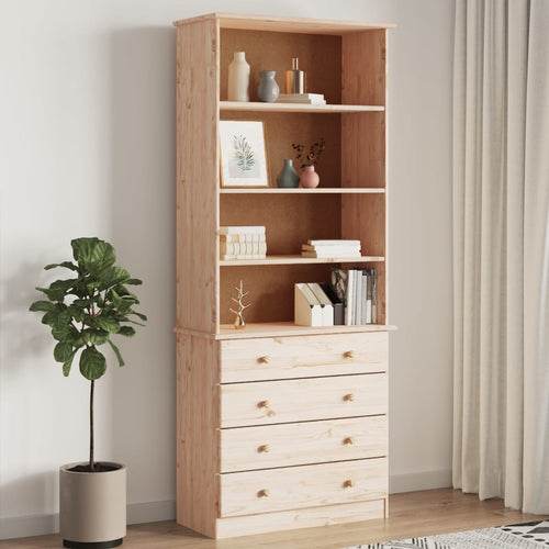 Libreria 4 Cassetti + 4 Ripiani 77x35x186,5cm in Legno Massello di Pino